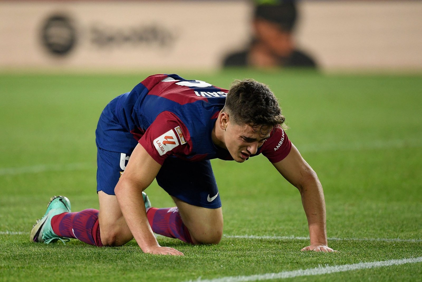 Barcelona's Spanish midfielder #06 Gavi reacts during the Spanish league football match between FC Barcelona and Athletic Club Bilbao at the Estadi Olimpic Lluis Companys in Barcelona on October 22, 2023. (Photo by Josep LAGO / AFP) (Photo by JOSEP LAGO/AFP via Getty Images)