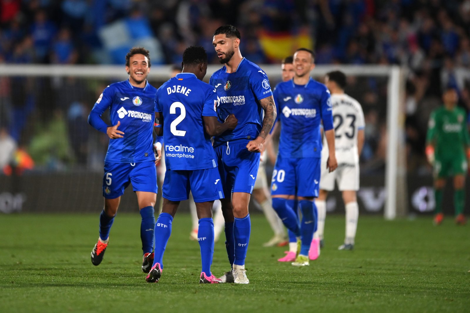 GETAFE, SPAIN - MARCH 16: Dakonam Djene and Omar Alderete of Getafe CF celebrates following the team's victory in the LaLiga EA Sports match between Getafe CF and Girona FC at Coliseum Alfonso Perez on March 16, 2024 in Getafe, Spain. (Photo by Denis Doyle/Getty Images)