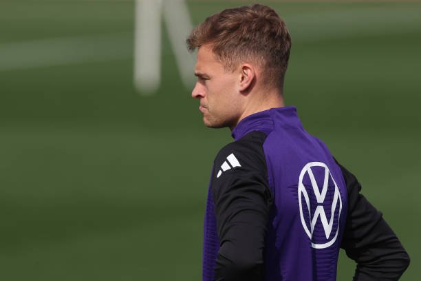 FRANKFURT AM MAIN, GERMANY - MARCH 20: Joshua Kimmich reacts during a training session of the German national soccer team at DFB-Campus on March 20, 2024 in Frankfurt am Main, Germany.  (Photo by Alex Grimm/Getty Images)