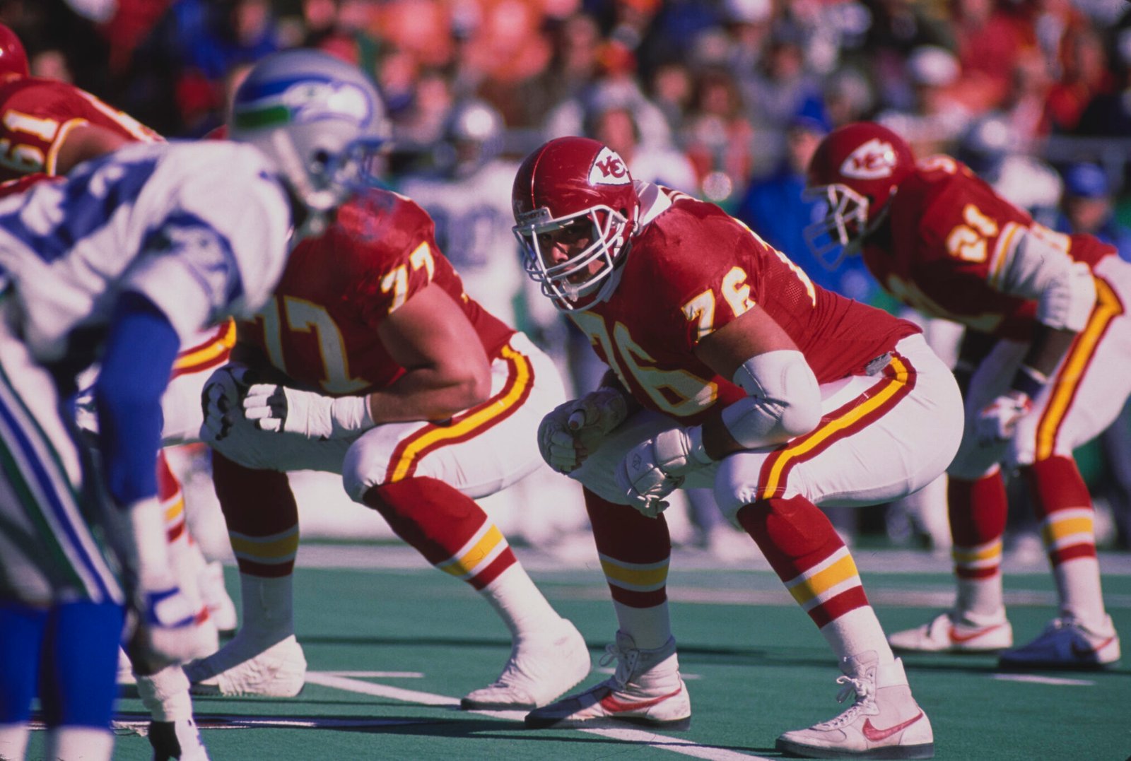 John Alt #76, de Kansas City Chiefs en 1988 en el Arrowhead Stadium, Kansas City.(Fotografía:Jonathan Daniel/Allsport/Getty Images)