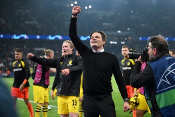 PARIS, FRANCE - MAY 07: Edin Terzic, Head Coach of Borussia Dortmund, celebrates victory in front of fans of Borussia Dortmund after defeating Paris Saint-Germain during the UEFA Champions League semi-final second leg match between Paris Saint-Germain and Borussia Dortmund at Parc des Princes on May 07, 2024 in Paris, France. (Photo by Matthias Hangst/Getty Images)