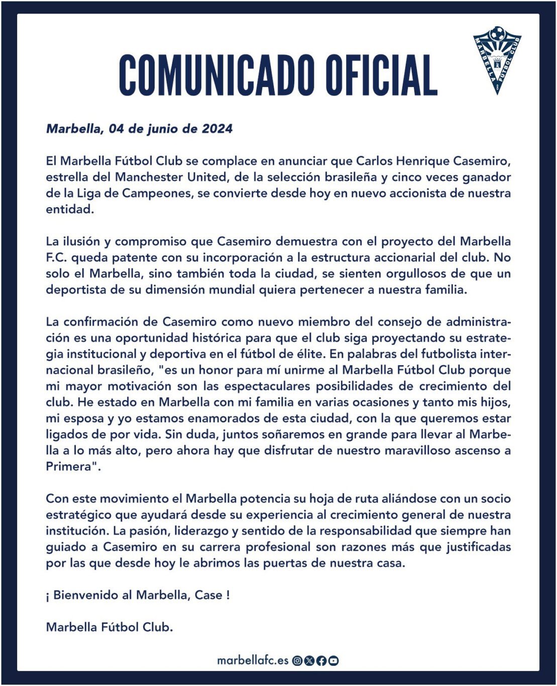 Comunicado Marbella FC, llegada Casemiro nuevo accionista