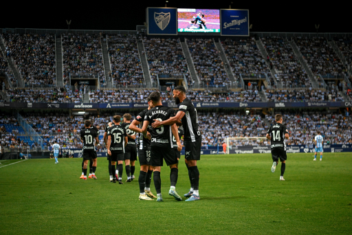 Jugadores del Elche CF celebrando el primer gol de Agustín Álvarez contra el Málaga en la Rosaleda