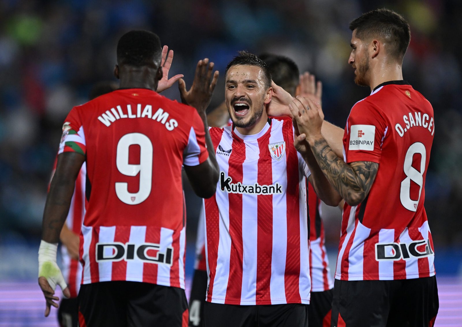 LEGANES, SPAIN - SEPTEMBER 19: Inaki Williams of Athletic Club celebrates scoring his team's second goal with teammate Andoni Gorosabel during the LaLiga match between CD Leganes and Athletic Club at Estadio Municipal de Butarque on September 19, 2024 in Leganes, Spain. (Photo by Denis Doyle/Getty Images)