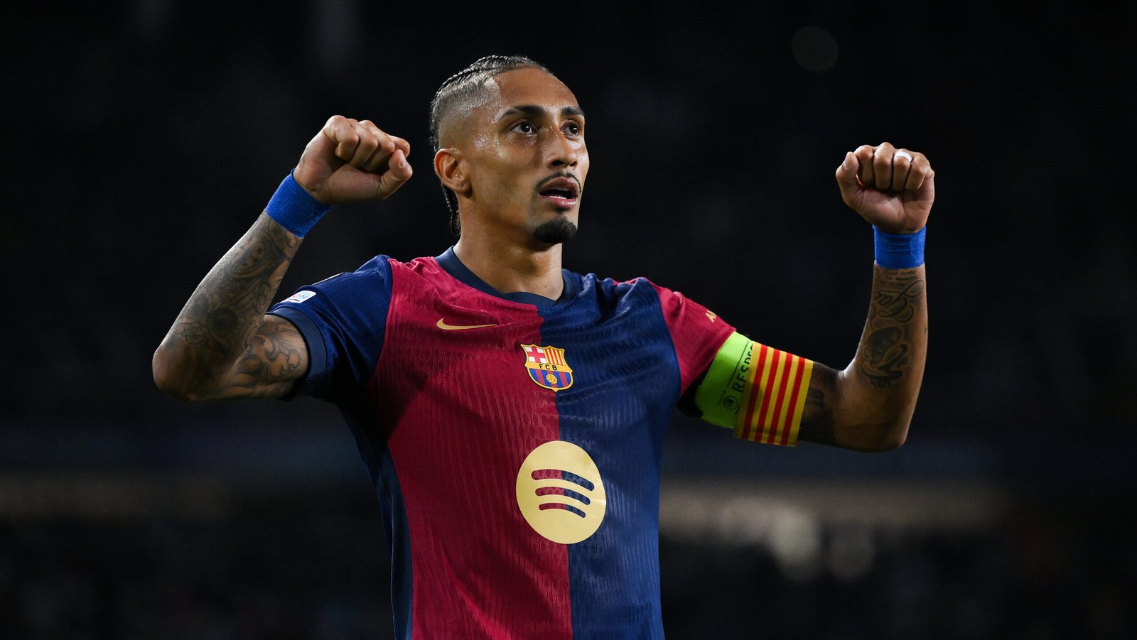 BARCELONA, SPAIN - OCTOBER 01: Raphinha of  FC Barcelona celebrates their team's second goal during the UEFA Champions League 2024/25 League Phase MD2 match between FC Barcelona and BSC Young Boys at Estadi Olimpic Lluis Companys on October 01, 2024 in Barcelona, Spain. (Photo by David Ramos/Getty Images)