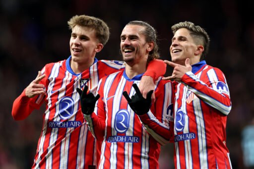 MADRID, SPAIN - DECEMBER 11: Antoine Griezmann of Atletico de Madrid (centre) celebrates with his teammates after scoring his team's second goal during the UEFA Champions League 2024/25 League Phase MD6 match between Atletico de Madrid and SK Slovan Bratislava at Riyadh Air Metropolitano on December 11, 2024 in Madrid, Spain. (Photo by Florencia Tan Jun/Getty Images)