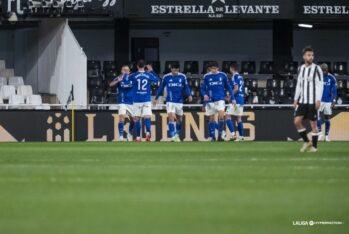 Alemao celebra el gol anotado frente al Cartagena con varios de sus compañeros. Fuente: LaLiga vía web