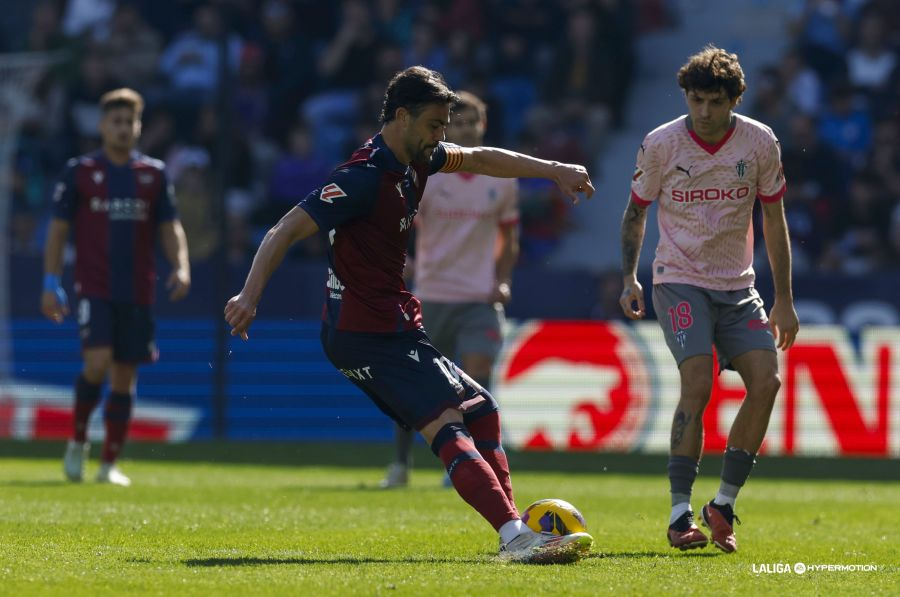 Iborra haciendo un pase ante Gelabert en la jornada anterior entre el Levante UD y el Real Sporting de Gijón (Foto: vía LaLiga Hypermotion / Redes Sociales `web`)